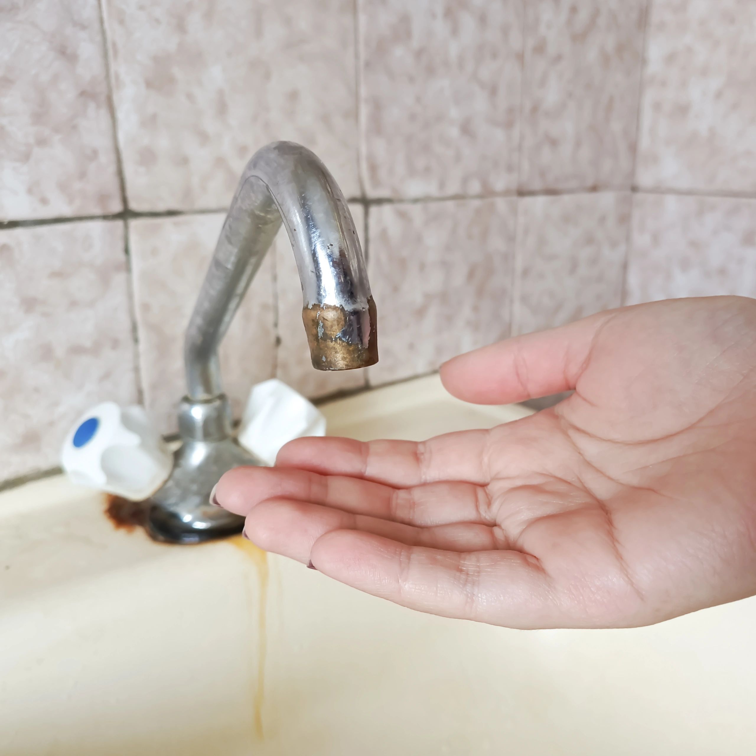 Corroded kitchen faucet with mineral deposits